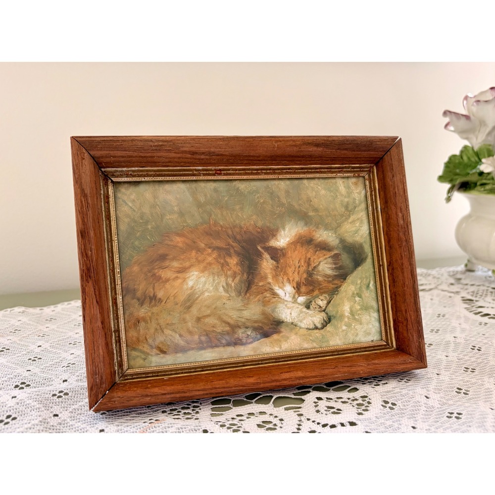 Vintage Framed Sleeping Kitten Print | Vintage Cat Art | Wood Frame Gold Trim